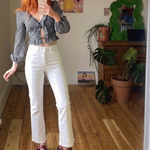 Holyday white high-waisted pants used, elastic, summer style