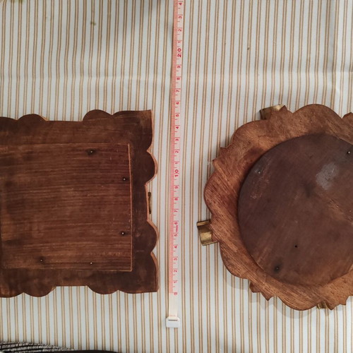 Vintage ashtray set of 2 carved wood and brass like new