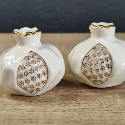 Vintage porcelain pomegranate salt and pepper shakers used