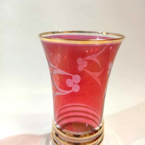 Old glasses set of six red with carved designs and gold finishes