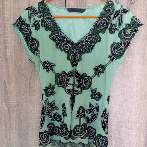 Marcelane Silk Shell Embellished Floral Blouse Green XL Like New
