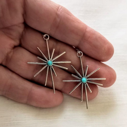 Boho star earrings with turquoise stone, new, silver stainless steel