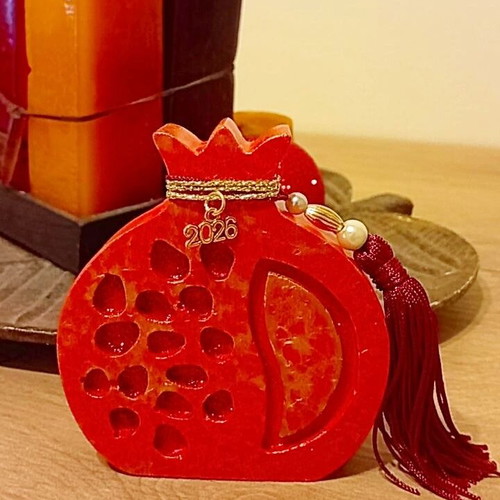 Handmade ceramic pomegranate charm 2026 tabletop red with gold details