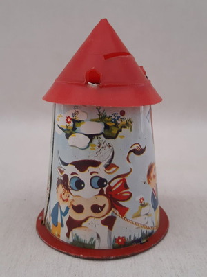 Tin Greek windmill piggy bank used 1960s