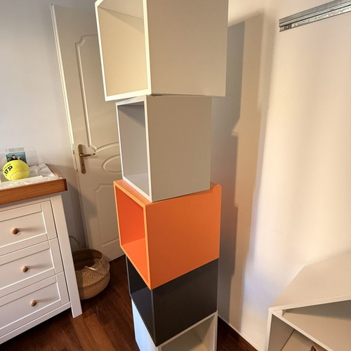 IKEA set of 5 wall-mounted cube shelves, white, anthracite, orange