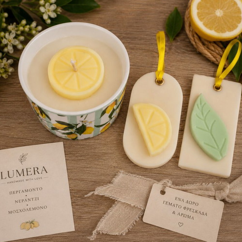 Gift set candle with bergamot, neroli and musk lemon aroma