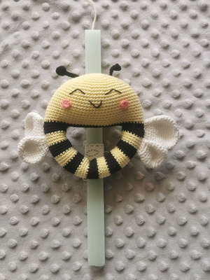 Candle with knitted bee rattle made to order