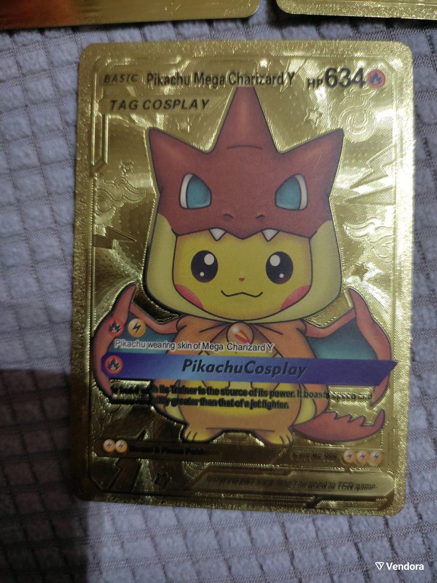 tag cosplay pokemon cards gold Pikachu Holographic Trading Card Gold Pikachu and Mega Ampharos
