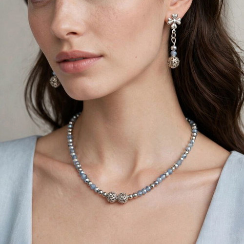 Handmade crystal beaded elegant jewelry set, new, gray and silver