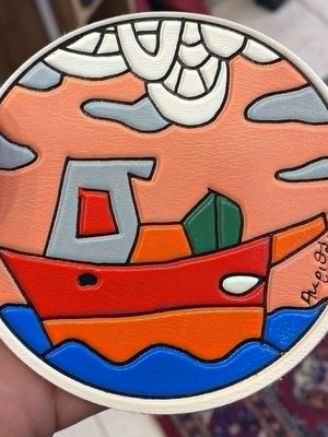 Collectible coaster with Alexis Akrithakis signature, 'Boat' design