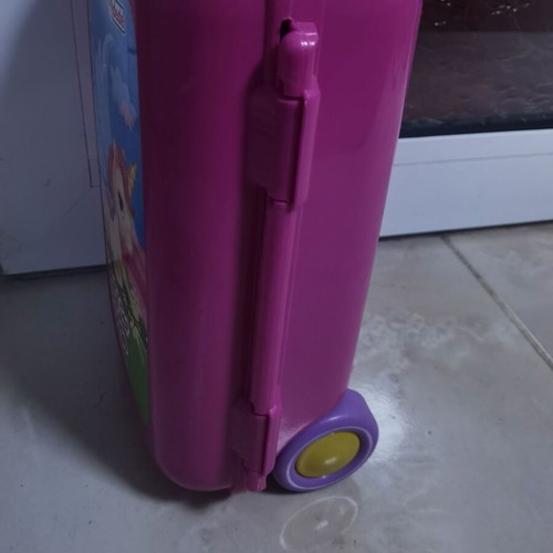 Children's plastic toy suitcase with wheels and unicorn picture used