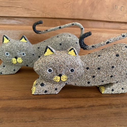 Set of 2 handmade wooden and sand decorative cats