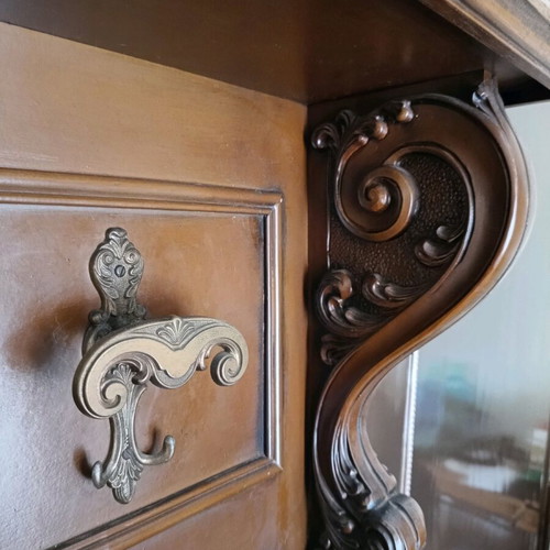 Handmade walnut coat rack used, 1970s with brass hooks