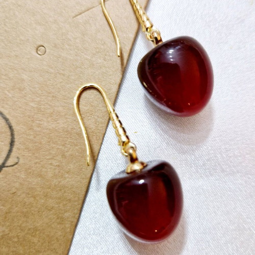 Handmade cherry earrings new, red and gold