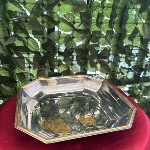 Vintage octagonal silver platter with gold floral details like new