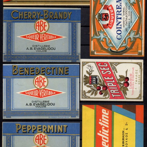 Liqueur labels like new, 5 from Volos and 2 from Thessaloniki