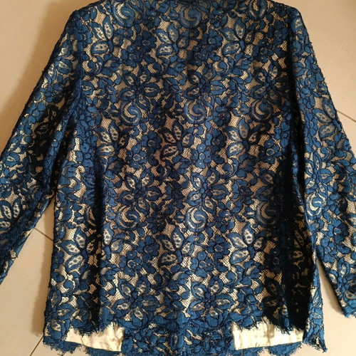 Women's jacket with blue lace on beige fabric, like new, size Large