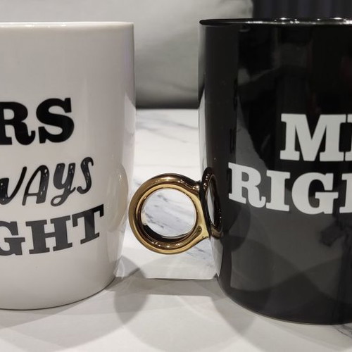 Ceramic mugs Mr. Right & Mrs. Always Right like new
