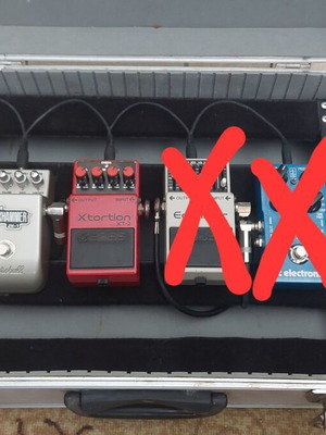 Handmade pedalboard for electric guitar with 3 pedals used