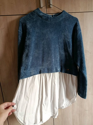 Regalinas blouse like new, blue corduroy and white fabric combination, size S/M