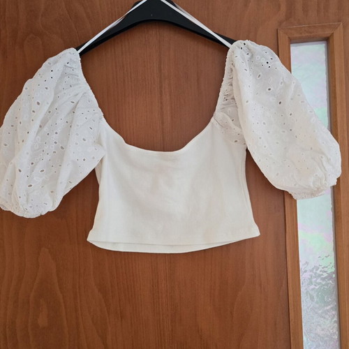 Zara white off-shoulder crop top with puffed eyelet sleeves