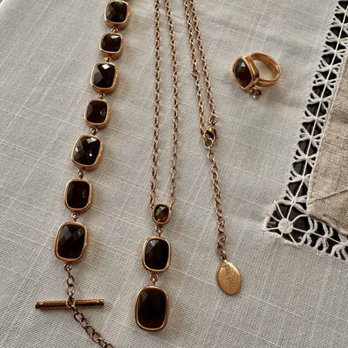 Folli Follie jewelry set with adjustable necklace, bracelet and ring, brown stones