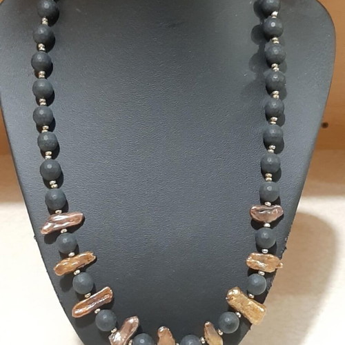 Necklace black onyx matte with pearls and hematite in steel new