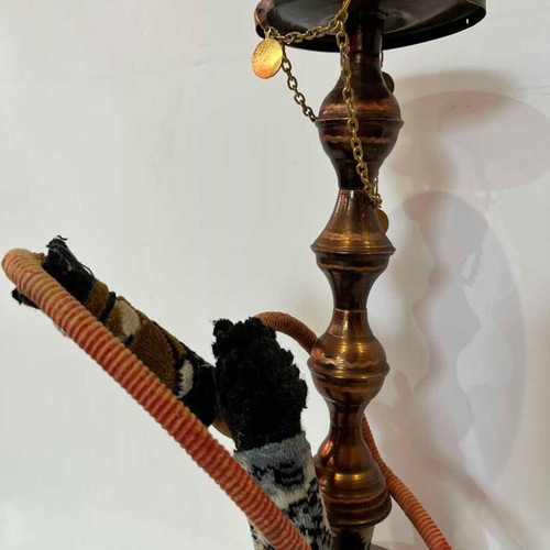 Vintage traditional brass hookah with embossed oriental motifs 51x16