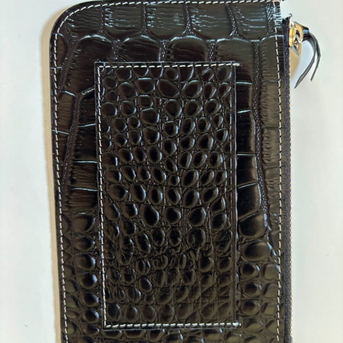 Large black leather Dogon-style wallet with strap and croco texture