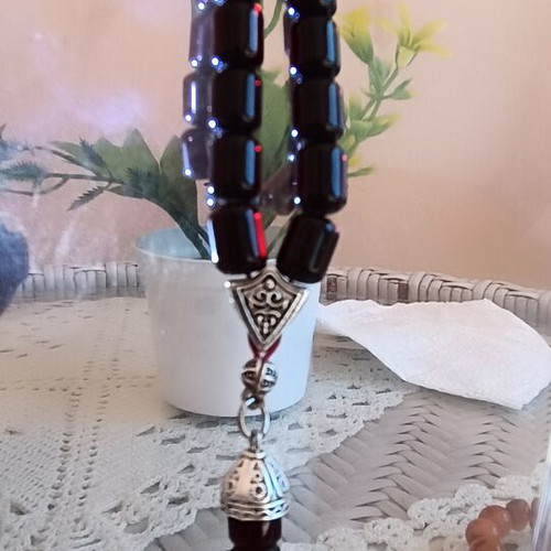 Komboloi worry beads, 33 black cherry mastic beads