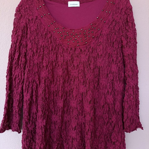Canda plus size lace blouse burgundy with beaded U-neck new