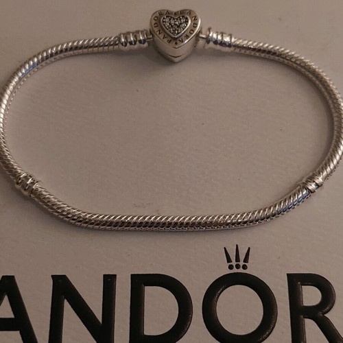 Pandora bracelet new with heart clasp and white zircon stones, sizes 18 and 20 cm