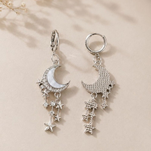 Celestial Earrings Moonlight Stars Handmade Silver Chandelier