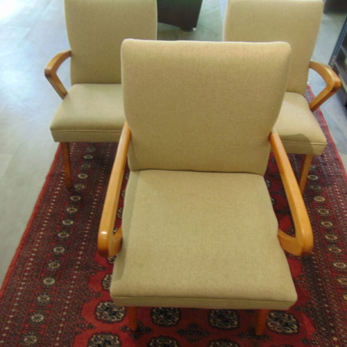 Vintage Danish armchair and 2 chairs with side table, fully refurbished