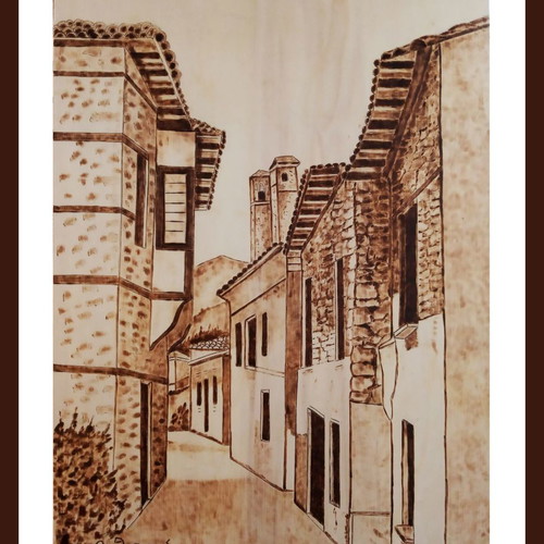 Paradosiakes Geitonies 4 Woodburning Painting on Birch Wood
