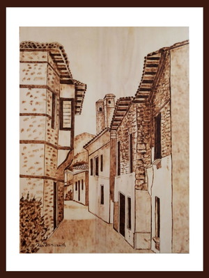 Paradosiakes Geitonies 4 Woodburning Painting on Birch Wood