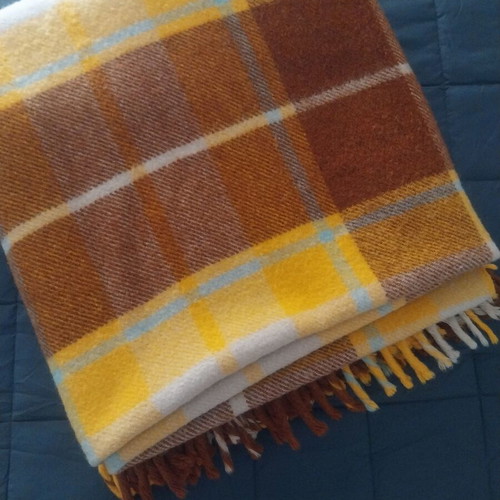 Wool Plaid Blanket used with fringes, brown and mustard colors