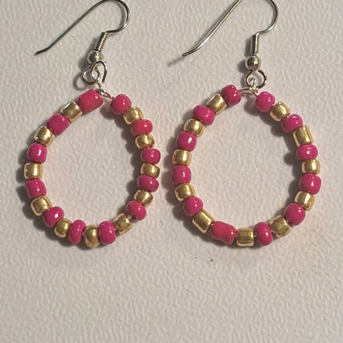 Earrings with red beads on silver hoop like new