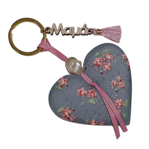 Keychain Mama Heart Fabric Gray Floral Made to Order