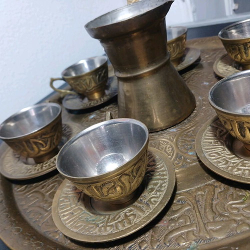 Coffee set bronze vintage used, 6 cups, saucers and briki