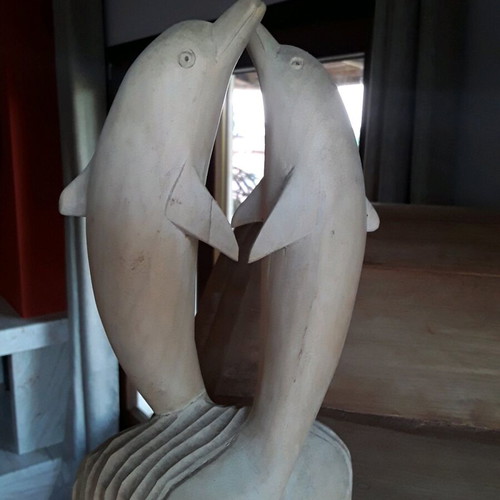 Wooden dolphins decorative sculpture used, height 21 cm