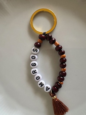 Handmade keychain with Amorgos name, new, brown and white