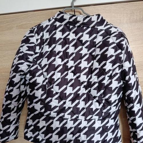 Transitional jacket with black and white houndstooth pattern restored, size S
