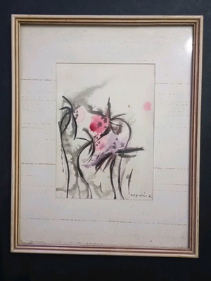 Έργο τέχνης μεταχειρισμένο, αφηρημένη σύνθεση με χρωματικές κηλίδες Αργυρώ Καρυμπάκα