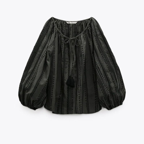 BRAND NEW Cotton khaki black embroidered blouse - S/M brand new embroidered blouse oversized