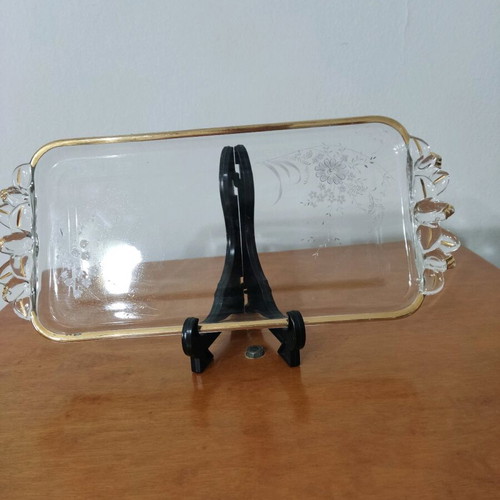 Glass serving platter used with gold handles and painted flowers