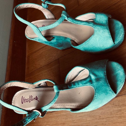 Women's platform sandal used, size 38, turquoise velvet
