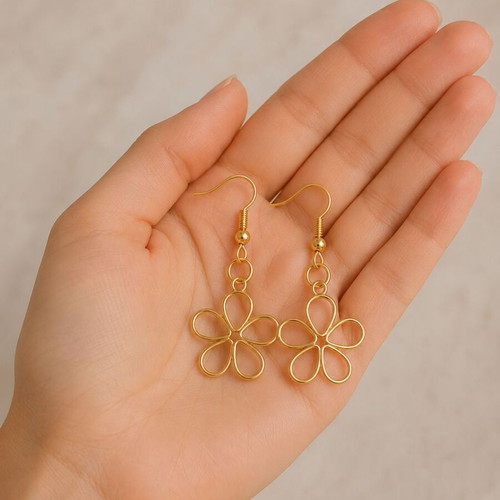 Wire Blossom Handmade Flower Earrings in Gold, New