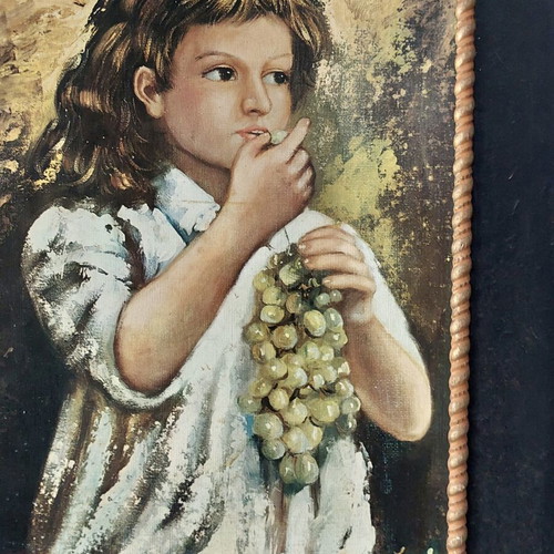 Vintage ξύλινος πίνακας «Κορίτσι με σταφύλια» 50x40 εκ.
