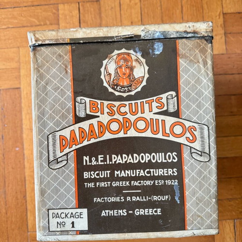 Vintage metal tin from Papadopoulou biscuits 50s-60s used
